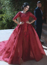 Load image into Gallery viewer, Modest Burgundy Tulle Prom Dresses With Lace Sleeves-alinanova

