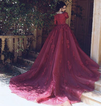 Load image into Gallery viewer, Modest Burgundy Tulle Prom Dresses With Lace Sleeves
