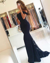 Load image into Gallery viewer, Long-Mermaid-Bridesmaid-Dresses-Navy-Blue-Lace-Appliques-Evening-Gowns
