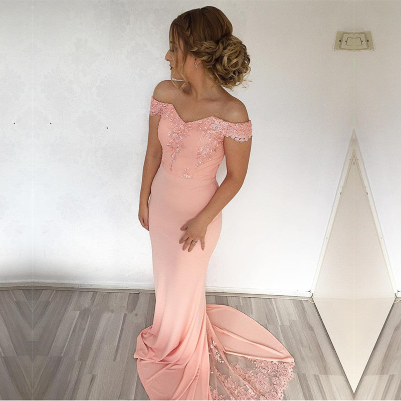 Elegant Mermaid Long Coral Prom Dresses Lace Train – alinanova