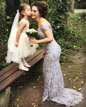 Load image into Gallery viewer, Mermaid Gray Lace Off Shoulder Prom Dress

