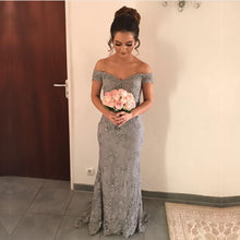 Load image into Gallery viewer, Mermaid Gray Lace Off Shoulder Prom Dress
