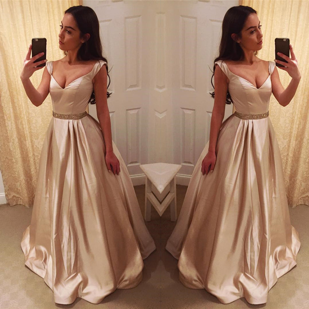 Deep V Neck Long Satin Champagne Evening Dresses Off Shoulder Prom Gowns