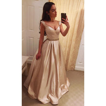 Load image into Gallery viewer, Deep V Neck Long Satin Champagne Evening Dresses Off Shoulder Prom Gowns
