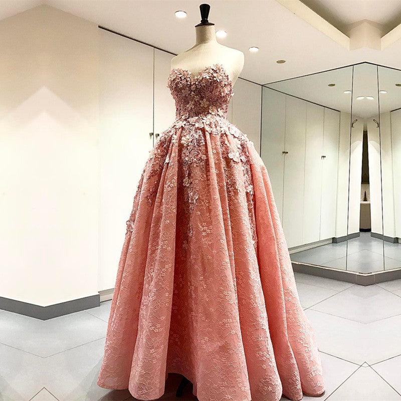 Elegant Handmade Flower Sweetheart Pink Lace Prom Dresses Elegant Handmade Flower Sweetheart Pink Lace Prom Dresses