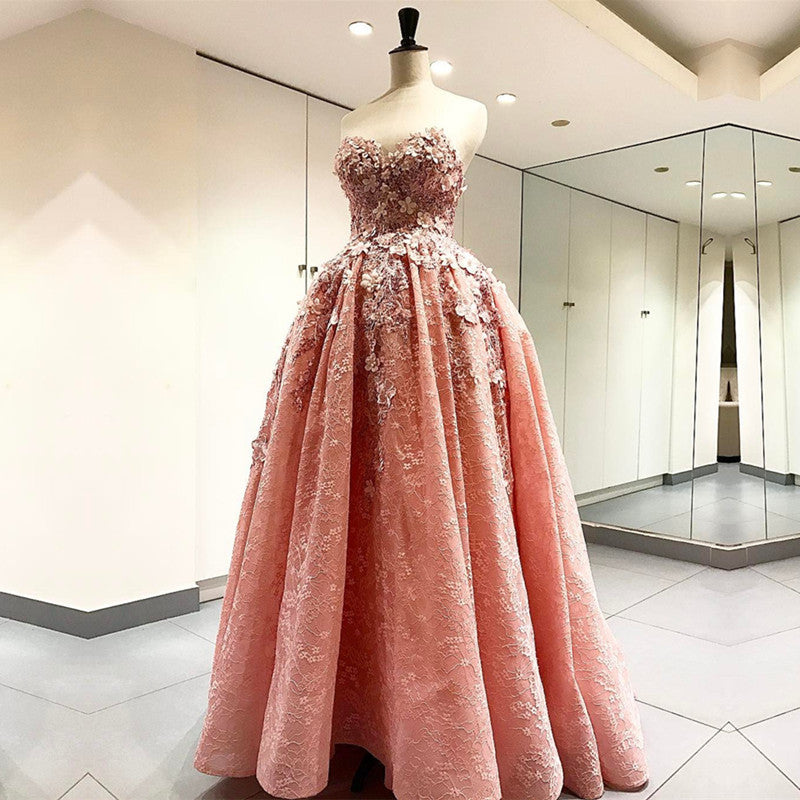 Elegant Handmade Flower Sweetheart Pink Lace Prom Dresses Floor Length Evening Gowns-alinanova