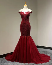 Burgundy Sequins Sweetheart Mermaid Evening Dress Off Shoulder Prom Go ...