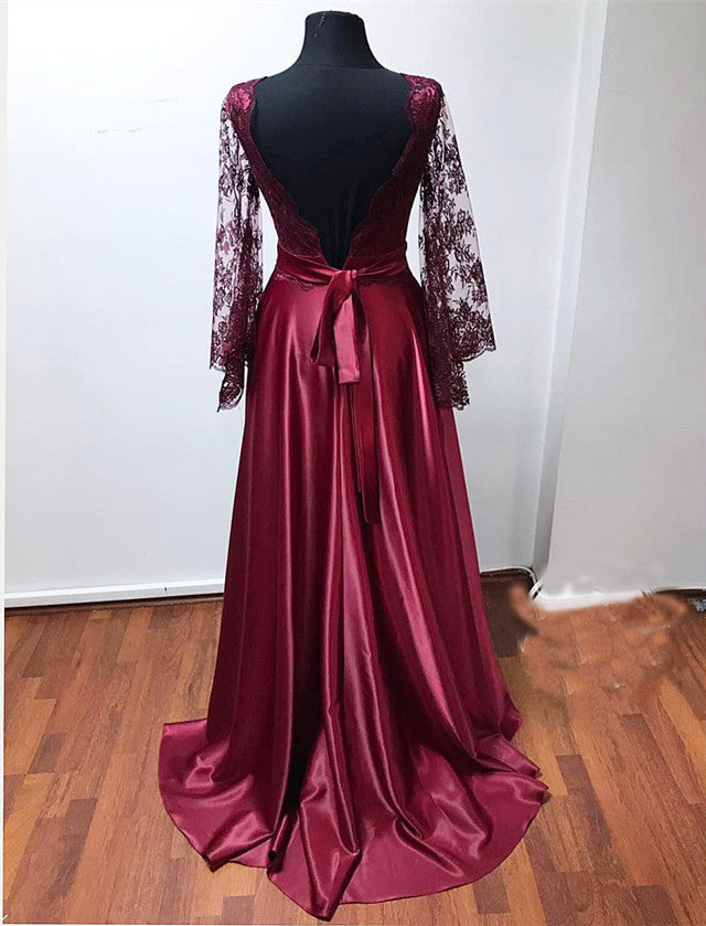 Deep V-neck Long Satin Puffy Sleeves Prom Dresses Lace Appliques Deep V-neck Long Satin Puffy Sleeves Prom Dresses Lace Appliques