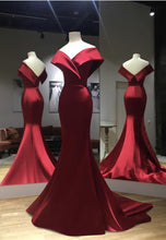 Load image into Gallery viewer, Burgundy Satin Mermaid Off The Shoulder Prom Dresses
