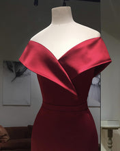 Load image into Gallery viewer, Burgundy Satin Mermaid Off The Shoulder Prom Dresses
