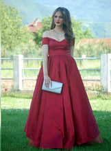 Load image into Gallery viewer, A-line V-neck Off The Shoulder Long Satin Plus Size Prom Dresses
