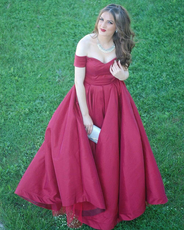 A-line V-neck Off The Shoulder Long Satin Plus Size Prom Dresses-alinanova