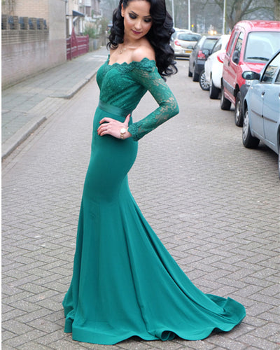 Hunter-Green-Lace-Long-Sleeves-Mermaid-Evening-Dresses