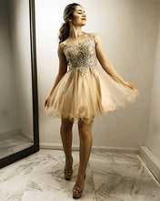 Load image into Gallery viewer, Champagne-Homecoming-Dresses-Lace-Appliques-Prom-Gowns-Short
