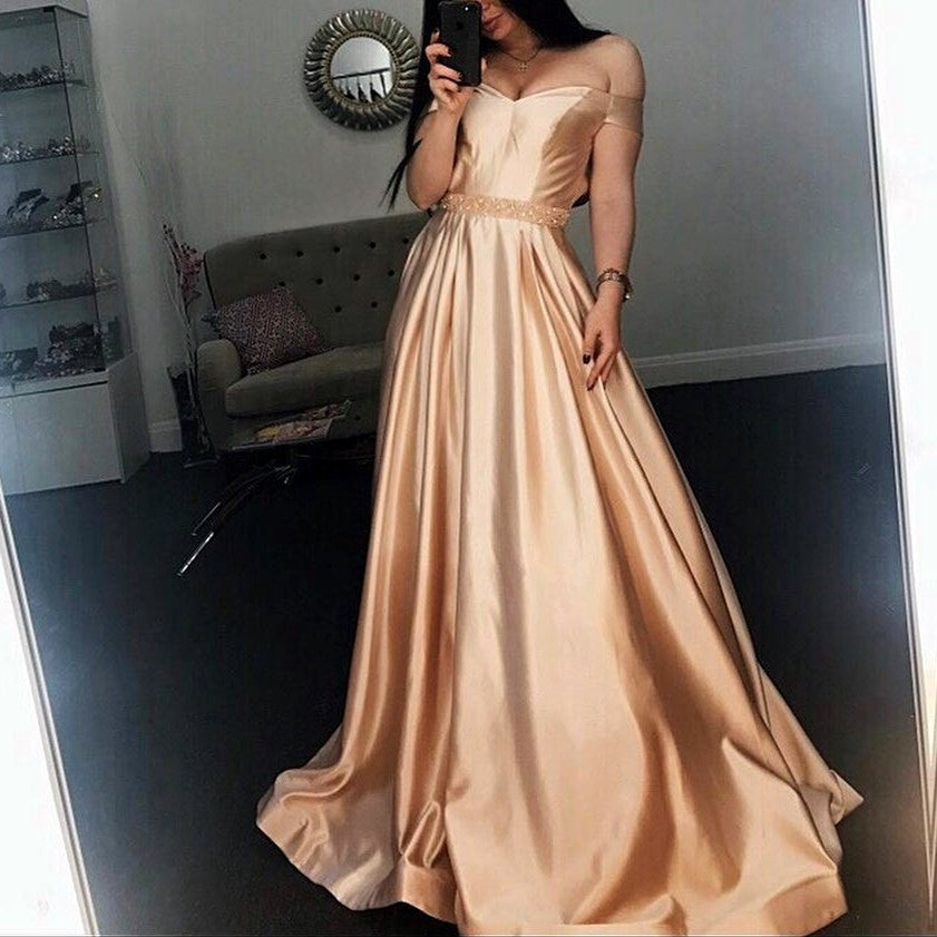Long Champagne V Neck Evening Dress Off Shoulder Prom Gowns-alinanova