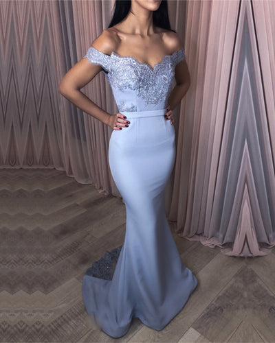 Elegant Lace Appliques V-neck Jersey Mermaid Prom Dresses-alinanova