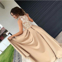 Load image into Gallery viewer, Ivory Lace Appliques Halter Long Champagne Mermaid Evening Dresses
