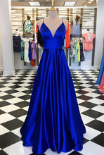 Load image into Gallery viewer, Spaghetti Straps V-neck Long Satin Prom Dresses Floor Length Evening Gowns
