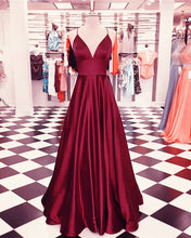 Load image into Gallery viewer, Spaghetti Straps V-neck Long Satin Prom Dresses Floor Length Evening Gowns
