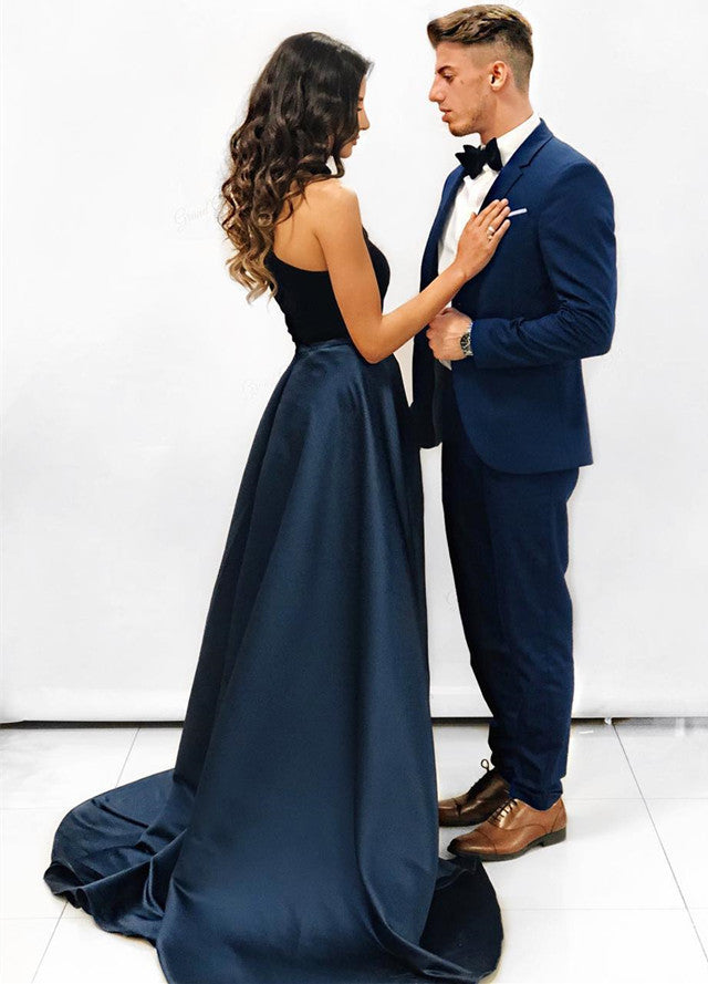 Yellow And Navy Blue Prom Couples Navy Blue Velvet Long Prom