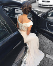 Load image into Gallery viewer, White Lace Appliques V-neck Mermaid Court Train Bridesmaid Dresses

