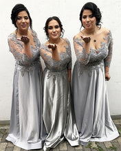 Load image into Gallery viewer, Modest-Bridesmaid-Dresses-Silver-Satin-Formal-Gowns-With-Lace-Appliques-Sleeves
