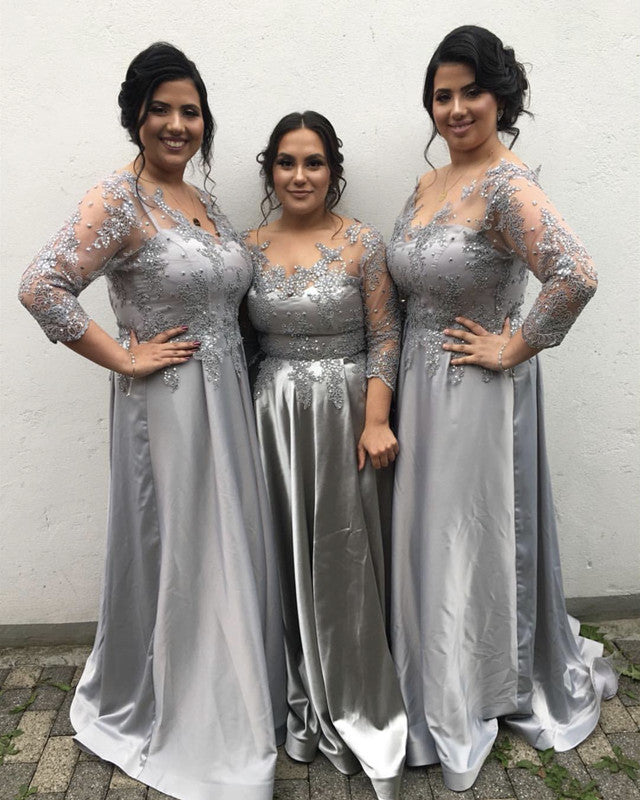 Modest Lace Appliques 3/4 Sleeves Satin Bridesmaid Dresses Plus Size