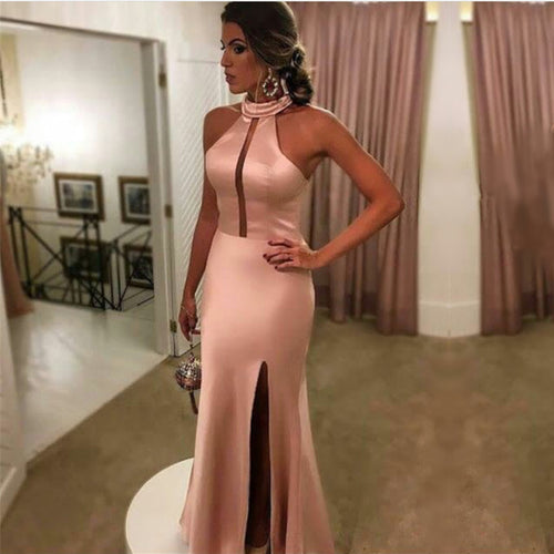 Pink Satin Long Halter Mermaid Prom Dresses 2017-alinanova