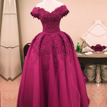 Load image into Gallery viewer, Burgundy Lace Off Shoulder Tulle Floor Length Evening Gowns
