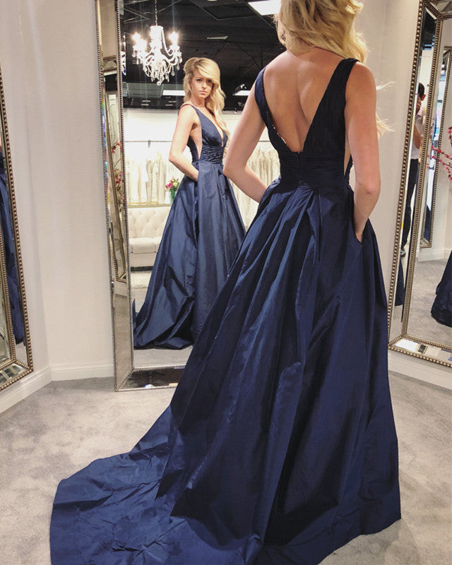 Navy Blue Long Taffeta Backless Prom Dresses alinanova Navy Blue Long Taffeta Backless Prom Dresses alinanova