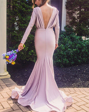 Load image into Gallery viewer, Long Sleeves Open Back Mermaid V-neck Bridesmaid Dresses

