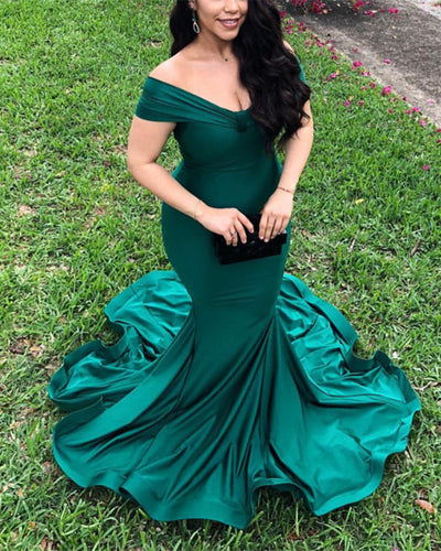 Mermaid Off-The-Shoulder Court Train Prom Evening Dresses-alinanova