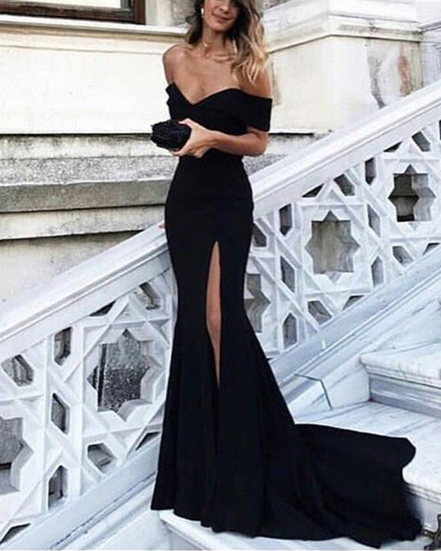 Navy Blue Mermaid V-Neck Off Shoulder Prom Dresses