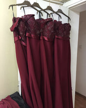 Load image into Gallery viewer, Burgundy Bridesmaid Dresses Mermaid Sweetheart Off Shoulder Formal Gowns
