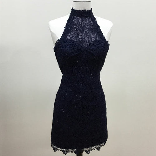 navy blue lace halter bridesmaid dresses short wedding party dresses-alinanova