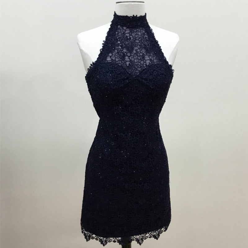 navy blue lace halter bridesmaid dresses short wedding party dresses-alinanova
