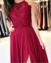 Load image into Gallery viewer, Elegant Lace Halter Long Chiffon Bridesmaid Dresses Leg Slit
