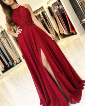 Load image into Gallery viewer, Elegant Lace Halter Long Chiffon Bridesmaid Dresses Leg Slit
