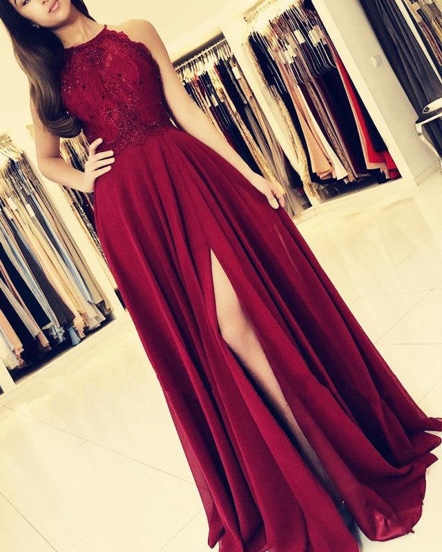 Elegant Lace Halter Long Chiffon Bridesmaid Dresses Leg Slit-alinanova