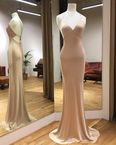 Simple Satin V-neck Empire Mermaid Prom Dresses-alinanova