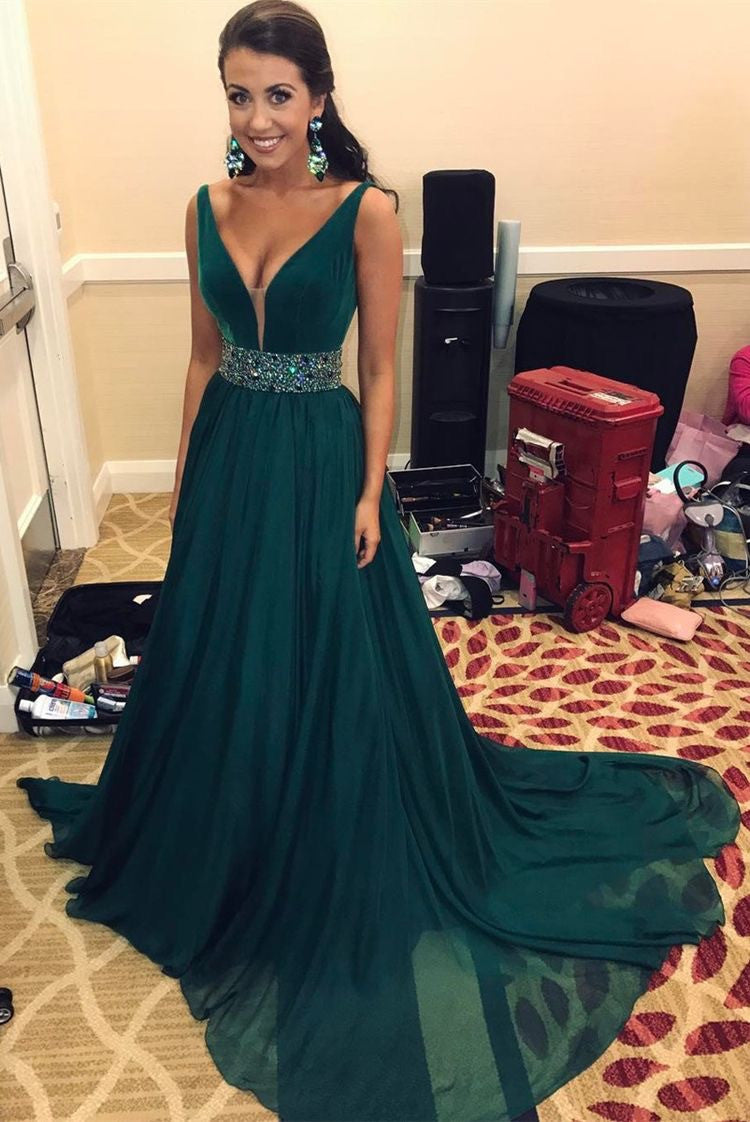 Hunter Green Chiffon Prom Long Dresses Beaded V-neck