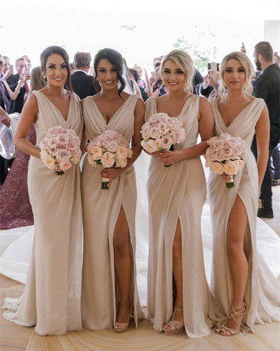 Sexy V-neck Long Tulle Leg Split Mermaid Bridesmaid Dresses-alinanova