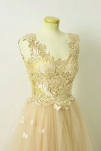 Load image into Gallery viewer, A Line Lace Cap Sleeves Long Champagne Tulle Evening Dresses
