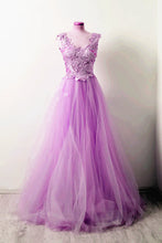 Load image into Gallery viewer, A Line Lace Cap Sleeves Long Champagne Tulle Evening Dresses
