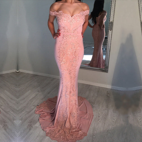 Sexy Off Shoulder Mermaid Prom Dresses Appliques-alinanova