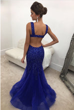 Load image into Gallery viewer, Royal Blue Crystal Beaded Mermaid Backless Evening Gowns
