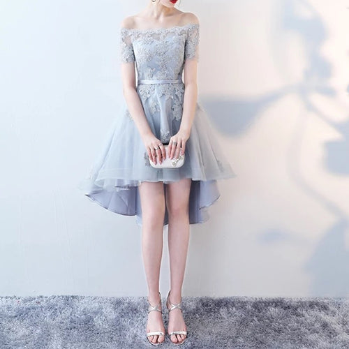 Asymmetric Style Silver Tulle Off Shoulder Bridesmaid Dresses Lace Appliques-alinanova