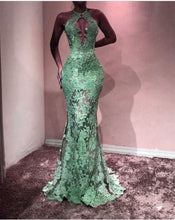 Load image into Gallery viewer, Unique Halter Top See Through Lace Prom Dress Mermaid Evening Gowns
