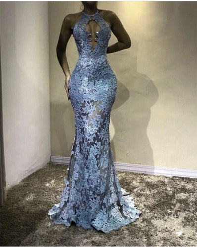 Unique Halter Top See Through Lace Prom Dress Mermaid Evening Gowns-alinanova