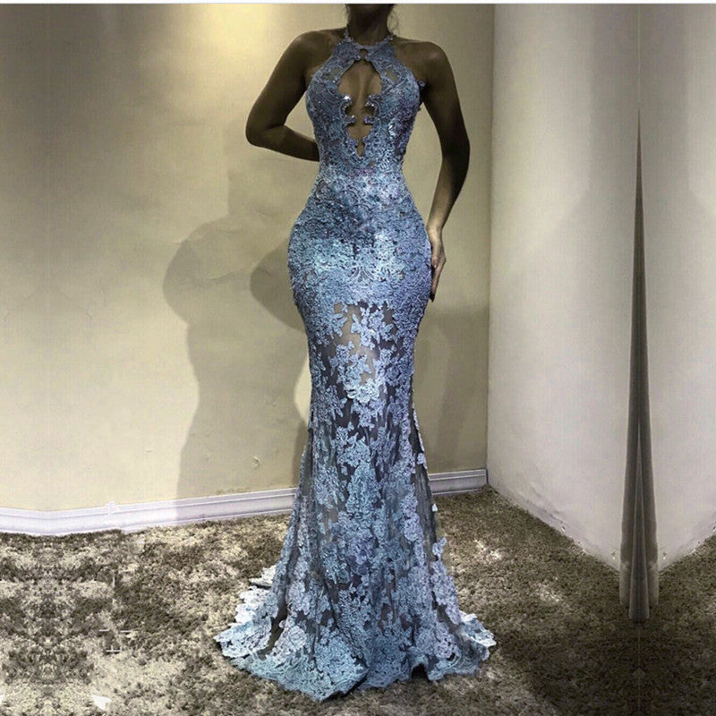 Unique Halter Top See Through Lace Prom Dress Mermaid Evening Gowns
